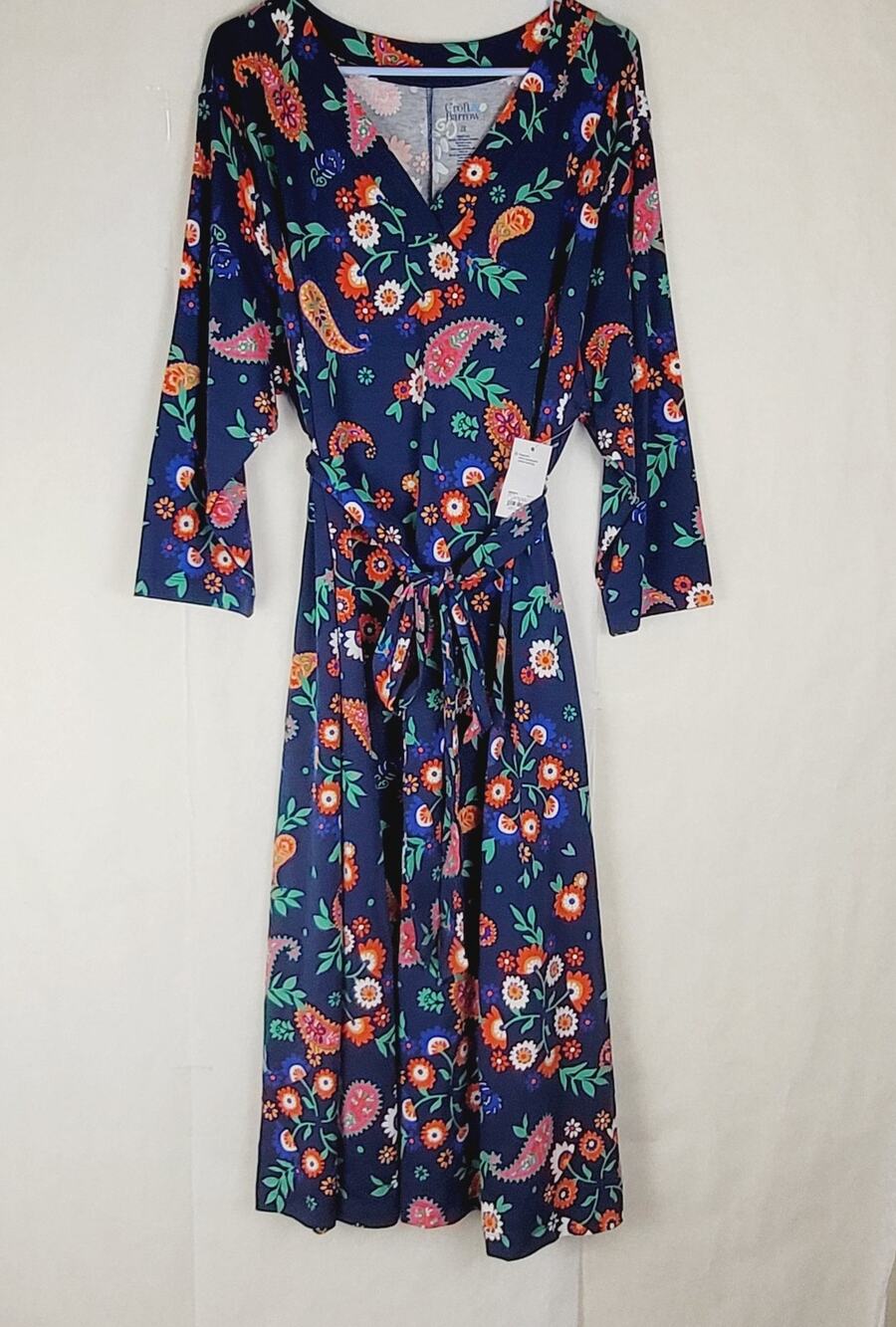 New Croft and Barrow maxi dress blue floral belted long sleeve 2X Cottage Boho